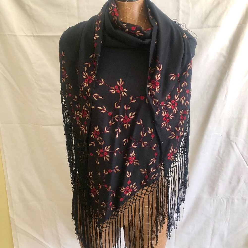 NWOT Red Floral Embroidered Black Scarf, Wrap with Woven Fringe